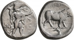 LUCANIA. Poseidonia. Circa 410-350 BC. Stater (Silver, 19 mm, 7.59 g, 1 h). ΠΟΜΕI Poseidon striding to right, brandishing trident with his right hand ...