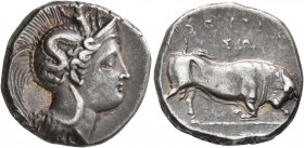 LUCANIA. Thourioi. Circa 350-300 BC. Stater (Silver, 21 mm, 7.94 g, 5 h). Head of Athena to right, wearing crested Attic helmet adorned, on the bowl, ...