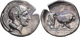 LUCANIA. Velia. Circa 340-334 BC. Didrachm or Nomos (Silver, 24 mm, 7.52 g, 12 h). Head of Athena to right, wearing crested Attic helmet adorned with ...