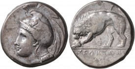 LUCANIA. Velia. Circa 340-334 BC. Didrachm or Nomos (Silver, 20 mm, 7.55 g, 9 h). Head of Athena to left, wearing Attic helmet adorned with a griffin;...