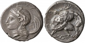 LUCANIA. Velia. Circa 280 BC. Didrachm or Nomos (Silver, 21 mm, 7.30 g, 10 h). Head of Athena to left, wearing crested Attic helmet adorned with Pegas...