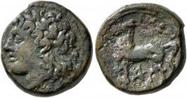 BRUTTIUM. Nuceria. Circa 225-200 BC. AE (Bronze, 13 mm, 3.15 g, 11 h). Laureate head of Apollo to left; grape bunch behind, pellet below. Rev. NOYKHPI...