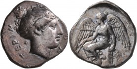 BRUTTIUM. Terina. Circa 425-420 BC. Didrachm or Nomos (Silver, 21 mm, 7.85 g, 1 h). TEPIN[AI]ON Head of the nymph Terina to right, her hair in ampyx; ...