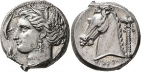 SICILY. Entella (?). Punic issues, circa 320/15-300 BC. Tetradrachm (Silver, 25 mm, 17.26 g, 7 h). Head of Tanit-Persephone to left, wearing wreath of...