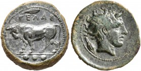 SICILY. Gela. Circa 420-405 BC. Tetras or Trionkion (Bronze, 17 mm, 3.66 g, 7 h). ΓΕΛAΣ Bull standing left; in exergue, three pellets (mark of value)....