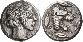 SICILY. Leontini. Circa 450-440 BC. Tetradrachm (Silver, 24 mm, 17.00 g, 10 h). Laureate head of Apollo to right. Rev. ΛEO-NT-I-NO-N Head of a lion wi...