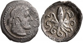 SICILY. Syracuse. Second Democracy, 466-405 BC. Litra (Silver, 12 mm, 0.62 g, 11 h), circa 466-460. ΣYPA Head of Arethusa to right, wearing necklace a...