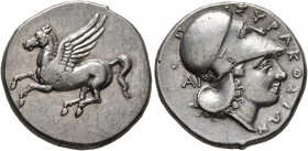 SICILY. Syracuse. Timoleon and the Third Democracy, 344-317 BC. Stater (Silver, 21 mm, 8.23 g, 6 h). Pegasus flying left. Rev. ΣYPAKOΣIΩN Head of Athe...