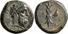 SICILY. Syracuse. Timoleon and the Third Democracy, 344-317 BC. Hemidrachm (Bronze, 24 mm, 15.21 g, 3 h), circa 344-339/8. [ZEYΣ] EΛEYΘEPIOΣ Laureate ...
