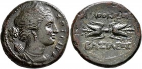 SICILY. Syracuse. Agathokles, 317-289 BC. Litra (Bronze, 23 mm, 9.70 g, 7 h), circa 304-289. ΣΩTEIPA Draped bust of Artemis Soteira to right, quiver o...