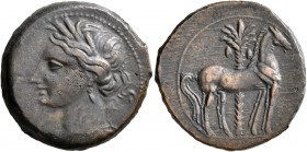 CARTHAGE. Second Punic War. Circa 220-215 BC. Dishekel (Bronze, 22 mm, 7.60 g, 12 h). Wreathed head of Tanit to left. Rev. Horse standing to right; be...