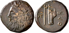SKYTHIA. Olbia. Circa 310-280 BC. AE (Bronze, 22 mm, 10.49 g, 6 h). Horned head of the river-god Borysthenes to left. Rev. OΛBIO Axe and bow in bowcas...