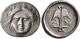 THRACE. Apollonia Pontika. Late 5th-4th centuries BC. Diobol (Silver, 12 mm, 1.33 g, 7 h). Laureate facing head of Apollo. Rev. Upright anchor between...