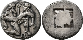 ISLANDS OFF THRACE, Thasos. Circa 480-463 BC. Stater (Silver, 21 mm, 7.93 g). Nude ithyphallic satyr, with long beard and long hair, moving right in '...