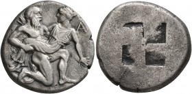ISLANDS OFF THRACE, Thasos. Circa 412-404 BC. Stater (Silver, 20 mm, 8.31 g). Nude ithyphallic satyr, with long beard and long hair, moving right in '...