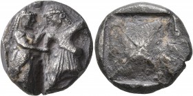 THRACO-MACEDONIAN REGION. Siris. Circa 525-480 BC. Stater (Silver, 20 mm, 9.58 g). Ithyphallic satyr standing right, right hand grasping right wrist o...