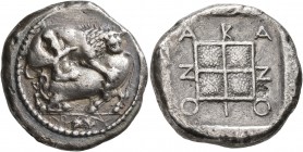 MACEDON. Akanthos. Circa 430-390 BC. Tetradrachm (Silver, 23 mm, 14.00 g, 4 h), light 'Thraco-Macedonian' standard. Lion right, attacking a bull kneel...