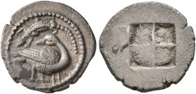 MACEDON. Eion. Circa 460-400 BC. Obol (Silver, 12 mm, 1.00 g). Goose standing right, head to left; above, lizard left. Rev. Quadripartite incuse squar...