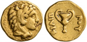 KINGS OF MACEDON. Philip II, 359-336 BC. 1/8 Stater (Gold, 9 mm, 0.97 g, 12 h), Pella, circa 340-328. Head of Herakles to right, wearing lion skin hea...