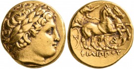 KINGS OF MACEDON. Philip II, 359-336 BC. Stater (Gold, 18 mm, 8.53 g, 12 h), Abydos, struck under Leonnatos, Arrhidaios, or Antigonos I Monophthalmos,...