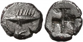 MYSIA. Kyzikos. Circa 600-550 BC. Obol (Silver, 9 mm, 0.59 g). Tunny left, holding stem of lotus flower in its mouth. Rev. Quadripartite incuse square...