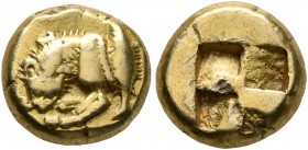 MYSIA. Kyzikos. Circa 550-500 BC. Hekte (Electrum, 10 mm, 2.63 g). Forepart of a lion to left, devouring prey; behind, tunny. Rev. Quadripartite incus...