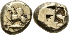 MYSIA. Kyzikos. Circa 550-450 BC. Stater (Electrum, 20 mm, 16.09 g). Griffin seated left, raising right forepaw, on tunny left. Rev. Quadripartite inc...