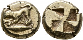 MYSIA. Kyzikos. Circa 500-450 BC. Hekte (Electrum, 10 mm, 2.69 g). Dog crouching to left on tunny left. Rev. Quadripartite incuse square. SNG Paris 23...