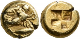 MYSIA. Kyzikos. Circa 450-400 BC. Hekte (Electrum, 10 mm, 2.72 g). Nike flying right, holding wreath in both hands; below, tunny right. Rev. Quadripar...