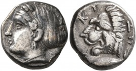 MYSIA. Kyzikos. Circa 390-341/0 BC. Drachm (Silver, 13 mm, 3.24 g, 1 h). ΣΩTEIPA Head of Kore Soteira to left, her hair in sphendone. Rev. KYZI Head o...