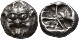 MYSIA. Parion. 5th century BC. Drachm (Silver, 13 mm, 3.84 g). Facing gorgoneion with large ears and protruding tongue. Rev. Irregular pattern within ...