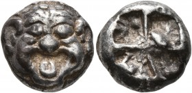 MYSIA. Parion. 5th century BC. Drachm (Silver, 12 mm, 4.05 g). Facing gorgoneion with large ears and protruding tongue. Rev. Irregular pattern within ...