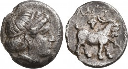 TROAS. Antandros. Early 4th century BC. Trihemiobol (Silver, 12 mm, 1.31 g, 7 h). Head of Artemis Astyrene to right. Rev. ANTA-N Goat standing right; ...