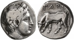 TROAS. Gargara. Circa 400-350 BC. Drachm (Silver, 14 mm, 2.95 g, 1 h). Laureate head of Apollo to right. Rev. ΓAPΓ Bull grazing left. SNG Copenhagen -...