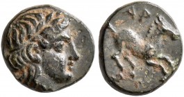 TROAS. Gargara. 4th century BC. AE (Bronze, 8 mm, 0.70 g, 2 h). Laureate head of Apollo to right. Rev. [Γ]AP Horse springing right; below, ivy leaf. S...