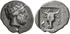 TROAS. Lamponeia. Late 5th-early 4th centuries BC. Obol (Silver, 10 mm, 0.60 g, 11 h). Bearded head of Dionysos to right. Rev. Λ-A-M Facing bull's hea...