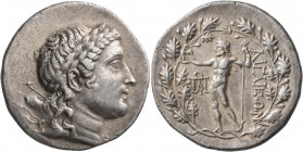 AEOLIS. Aigai. Circa 151-143 BC. Tetradrachm (Silver, 30 mm, 16.25 g, 12 h). Laureate head of Apollo Smintheos to right, with bow and quiver over his ...