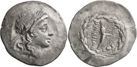 AEOLIS. Myrina. Circa 160-143 BC. Tetradrachm (Silver, 33 mm, 15.59 g, 1 h). Laureate head of Apollo to right. Rev. MΥΡINAIΩN Apollo Grynios standing ...