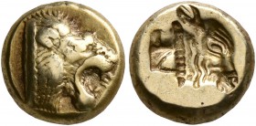 LESBOS. Mytilene. Circa 521-478 BC. Hekte (Electrum, 10 mm, 2.52 g, 12 h). Head of a roaring lion to right. Rev. Incuse head of a calf to right with r...