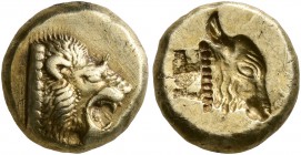 LESBOS. Mytilene. Circa 521-478 BC. Hekte (Electrum, 10 mm, 2.59 g, 12 h). Head of a roaring lion to right. Rev. Incuse head of a calf to right with r...