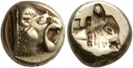 LESBOS. Mytilene. Circa 521-478 BC. Hekte (Electrum, 10 mm, 2.53 g, 6 h). Head of a roaring lion to right. Rev. Incuse head of a calf to right with re...