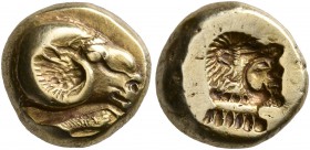 LESBOS. Mytilene. Circa 521-478 BC. Hekte (Electrum, 10 mm, 2.60 g, 7 h). Head of a ram to right; below, rooster standing right, pecking at the ground...