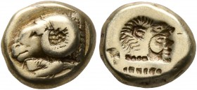 LESBOS. Mytilene. Circa 521-478 BC. Hekte (Electrum, 10 mm, 2.47 g, 7 h). Head of a ram to left; below, rooster standing right, pecking at the ground....