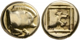 LESBOS. Mytilene. Circa 454-428/7 BC. Hekte (Electrum, 10 mm, 2.51 g, 2 h). Forepart of a boar to right. Rev. Head of a lion to right within linear sq...