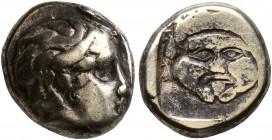 LESBOS. Mytilene. Circa 454-428/7 BC. Hekte (Electrum, 10 mm, 2.53 g, 7 h). Head of Aktaion to right, wearing horn of stag. Rev. Facing gorgoneion wit...