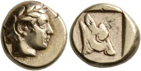 LESBOS. Mytilene. Circa 454-428/7 BC. Hekte (Electrum, 10 mm, 2.50 g, 10 h). Laureate head of Apollo to right. Rev. Head of a calf to right within inc...