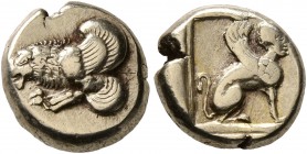 LESBOS. Mytilene. Circa 412-378 BC. Hekte (Electrum, 10 mm, 2.53 g, 3 h). Forepart of a winged lion to left. Rev. Sphinx seated to right within linear...