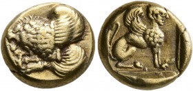 LESBOS. Mytilene. Circa 412-378 BC. Hekte (Electrum, 11 mm, 2.49 g, 12 h). Forepart of a winged lion to left. Rev. Sphinx seated right within linear s...