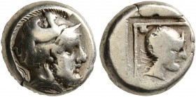 LESBOS. Mytilene. Circa 412-378 BC. Hekte (Electrum, 10 mm, 2.51 g, 5 h). Bearded head of Ares to right, wearing crested Attic helmet. Rev. Bare head ...