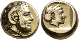 LESBOS. Mytilene. Circa 412-378 BC. Hekte (Electrum, 10 mm, 2.55 g, 8 h). Head of Zeus Ammon to right, wearing ram's horn over ear. Rev. Female head t...